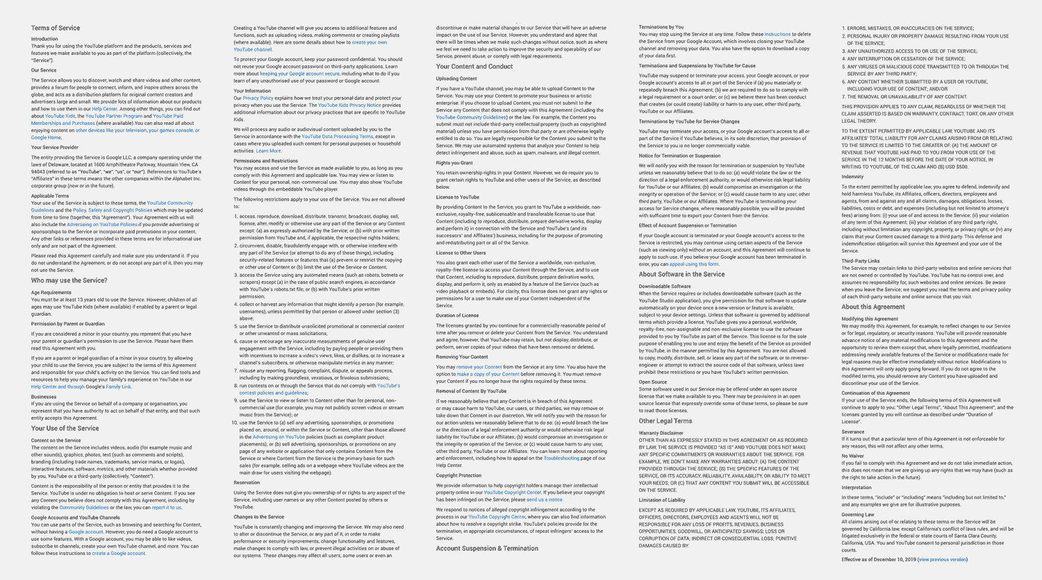 Youtube Terms of Service